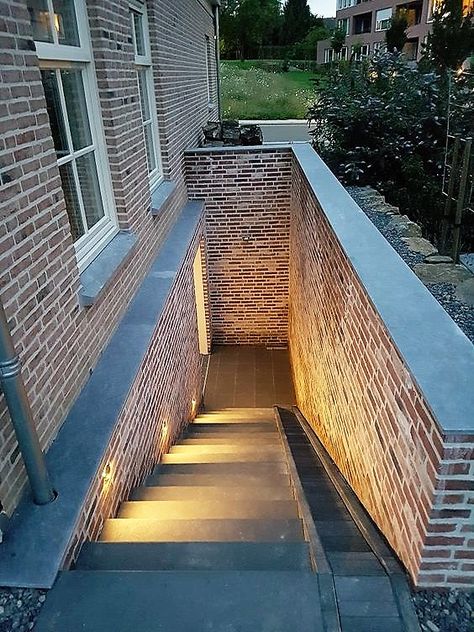 Exterior Stairs To Basement, Built In House Ideas, Exterior Basement Stairs, Basement Entrance Outdoor, Exterior Basement Entrance, Basement Walkout Ideas, Basement Steps Ideas, Basement Exterior, Carpet On Stairs