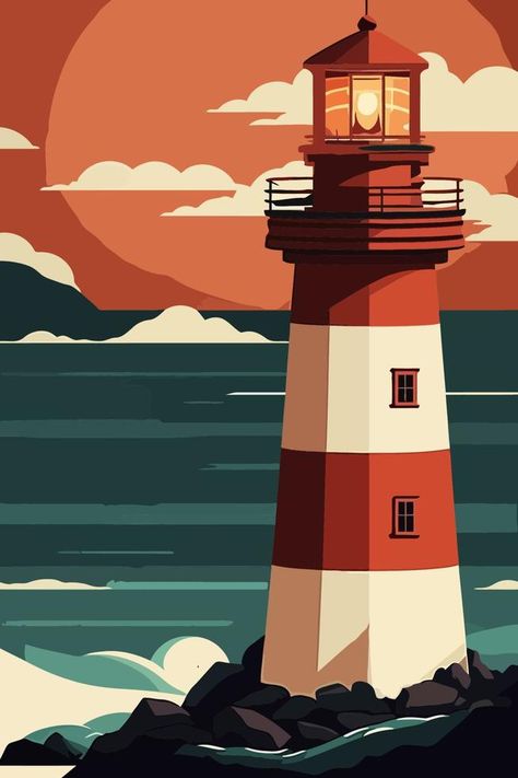 Art And Illustration, Wave Poster, Summer Ideas, Digital Art Illustration, Art Class, Abstract Art Painting, Art Supplies Drawing, Metal Wall Art, Lighthouse