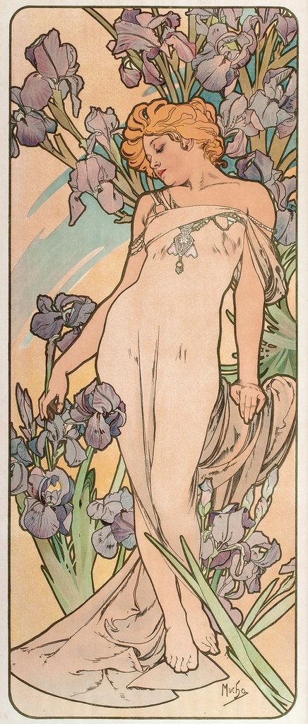 Alphonse Mucha "Les Fleurs-The Iris" 1898 Alfons Maria Mucha, Art Nouveau Mucha, Motifs Art Nouveau, Illustration Art Nouveau, زجاج ملون, Alphonse Mucha Art, Mucha Art, Alfons Mucha, Art Nouveau Illustration