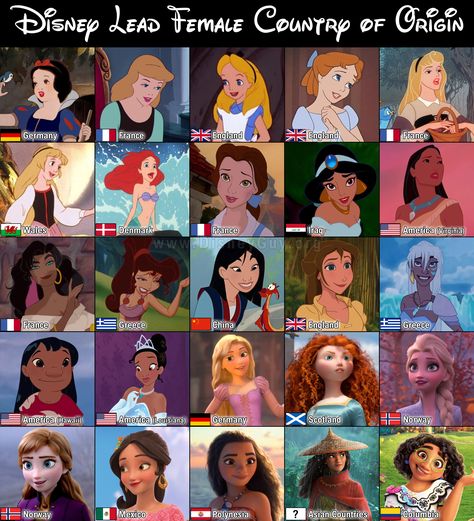 All Of The Disney Princesses Together, Disney Princess Countries, All The Disney Princesses Together, Disney Characters List, Female Characters Movie, Disney Princesses List, List Of Disney Princesses, Female Disney Characters, Hidden Disney Characters