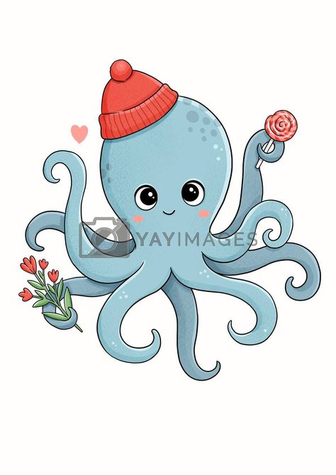 Advent Crafts, Octopus Drawing, Octopus Illustration, Hat With Flowers, Alice In Wonderland Drawings, Blue Octopus, Cute Alpaca, Moth Art, Cute Octopus