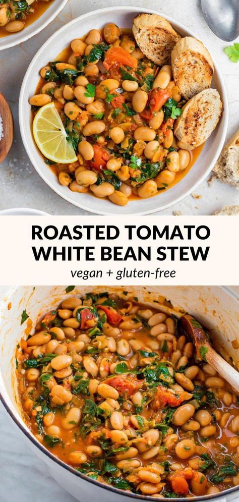 This Roasted Tomato White Bean Stew is spicy, hearty, and comforting! It's made with healthy pantry ingredients and is great for meal prep and freezing! This recipe is high in protein, vegan and gluten-free. Tomato And White Bean Stew, Roasted Tomatoes And White Bean Stew, White Bean Stew Vegetarian, Vegan Soups And Stews Healthy, Hearty Vegetarian Stew, Vegan Bean Stew Recipes, High Protein Vegetarian Stew, Healthy Meals With Beans, Roasted Tomato And White Bean Stew