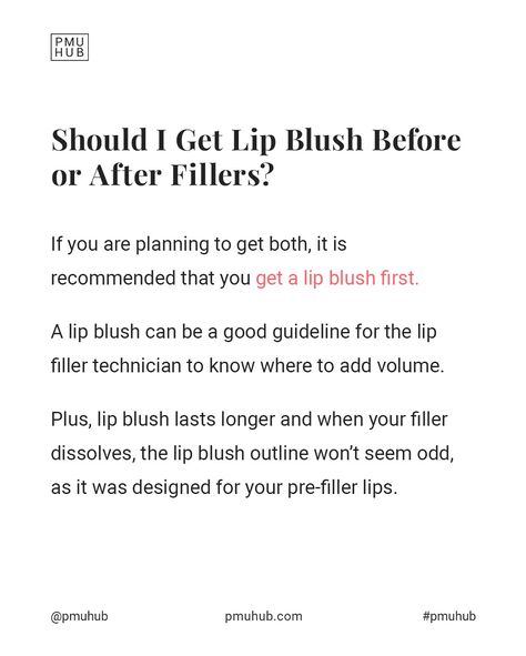 Lip filler and lip blush combo seems to be very popular, but the order in which to get them might seem a bit confusing. So if you're planning on doing both, here's what you should know. Lip Filler Captions Instagram, Pmu Content, Pmu Lips, Blush Lips, Lip Permanent Makeup, Lash Lounge, Girl Aesthetics, Lip Blush, Lip Filler