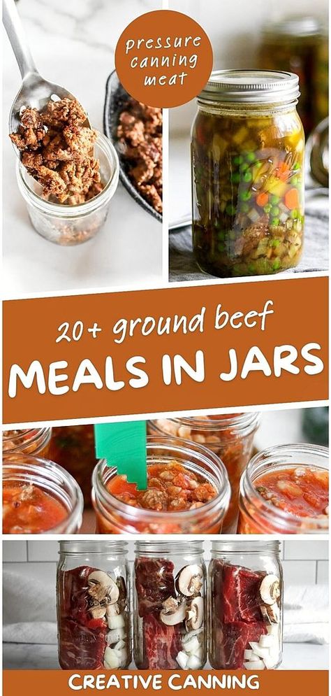 20+ Ground Beef Meals in Jars offers a variety of pressure canning meat recipes, perfect for transforming ground beef into shelf-stable, delightful meals like sloppy joes and taco soup. These recipes are a must-try for practical and delicious food storage solutions. Find more pressure canning soup recipes, tips for beginners, and canning food preservation ideas at creativecanning.com. Canning Jar Meal Prep, Canning Meats In A Jar, Canning Ground Turkey, Canned Stew Meat Recipes, Canned Ground Beef, Home Canned Meals In A Jar, Canning Meals Recipes, Home Canned Meals, Pressure Canning Recipes Meals Dinners