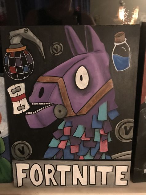 Fortnight painting www.facebook.com/moontidesart Fortnite Wall Art, Fortnight Painting, Fortnite Painting Canvas, Fortnite Painting Ideas, Fortnite Painting Canvas Easy, Gamer Painting Ideas, Gaming Painting Ideas, Game Painting Ideas, Fortnight Drawings