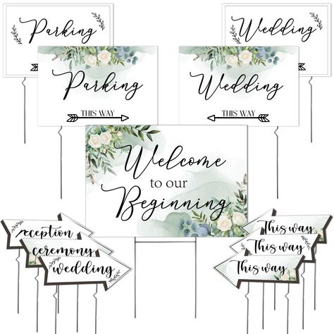 PRICES MAY VARY. Elegant Pattern Design: Featuring a sophisticated floral design, this wedding decorations for ceremony adds an elegant touch to any wedding venue. The double-sided wedding this way sign ensures clear visibility from every angle, while the fade-resistant pattern stays vibrant, maintaining its beauty throughout your celebration. Appropriately Sized for Visibility: The wedding signage set includes 1 "Welcome to Our Beginning" sign with an H-shaped stake (17 x 25 inches), 4 "Parking Welcome To Our Beginning Sign, Elegant Pattern Design, Welcome To Our Beginning, Direction Arrow, Wedding Directions, Wedding Reception Signs, Elegant Wedding Reception, Arrow Signs, Ceremony Signs