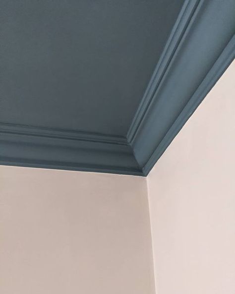 Painted Ceiling Living Room Small Spaces, Grey Bedroom Ceiling, White Wall Blue Ceiling, Coloured Ceilings Living Room, Ceiling And Half Wall Paint, Half Painted Wall High Ceiling, Colour Blocking Ceiling, Navy Bedroom Ceiling, Coloured Ceiling Hallway