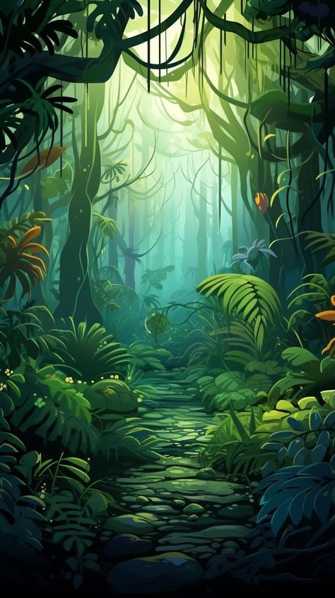 Explore the mysterious Jungle Depths with its dense foliage and tangled underbrush. Discover the beauty of nature and immerse yourself in the wild. #Jungle #Depths #DenseFoliage #Nature #Wilderness #ExploreTheWild #AdventuresInNature #IntoTheJungle #UntamedWilds #IntoTheWilds Nature, Jungle Background Drawing, Amazon Forest Illustration, Jungle Illustration Background, Jungle Background For Editing, Jungle Concept Art, Rainforest Drawing, Enchanted Jungle, Jungle Vines