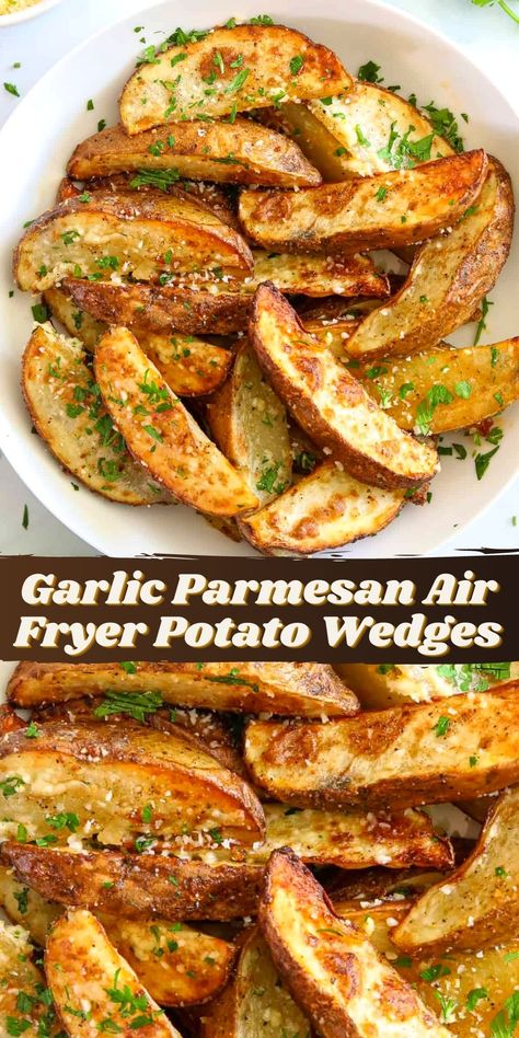 These Garlic Parmesan Air Fryer Potato Wedges have the perfect combo of salty cheese & flavorful garlic. They’re crispy & delicious, perfect to eat on their own or as a side dish. Baked Garlic Parmesan Potato Wedges, Garlic Parmesan Potato Wedges, Garlic Potato Wedges, Baked Potato Wedges Recipe, Parmesan Potato Wedges, Parmesan Potato, Garlic Parmesan Potatoes, Potato Wedges Recipe, Potato Wedges Baked