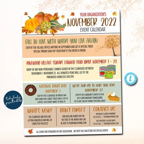 "NOVEMBER EVENTS PRINTABLE TEMPLATE  *ALL TEXT IS EDITABLE SO YOU CAN CREATE THIS TO SAY WHATEVER YOU WISH - TO CUSTOMIZE FOR YOUR SCHOOL OR ORGANIZATION! YOU CAN DELETE THE SMALL GRAPHICS AND ADD IN YOUR OWN (top halloween graphics are not editable)  *You can print and hand out at meetings, post on bulletin boards or save and upload the digital version to a website or as part of your email newsletter updates WANT THE FULL SET OF 12 MONTHLY SEASONAL NEWSLETTER TEMPLATES- FIND THE SET HERE: https November Pta Ideas, November Pta Events, Hoa Community Events, Apartment Newsletter Ideas, November Newsletter Ideas, Neighborhood Newsletter Ideas, November Events For Residents, November Resident Events, October Resident Events