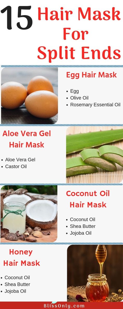 Split ends make your hair dry, dull and damaged. But with these hair masks, you can treat split ends. Most importantly these masks are completely natural and are very easy to make. Here I have shared recipes of coconut oil, aloe vera gel, egg, banana, and 11 other hair masks which are effective remedies for split ends. Learn how to get rid of split ends and get strong, soft and shiny hair. Hair Mask For Split Ends, Mask For Split Ends, Split End Hair Mask, Soft And Shiny Hair, Egg Hair Mask, Honey Hair Mask, Egg For Hair, Split Ends Hair, Best Hair Mask