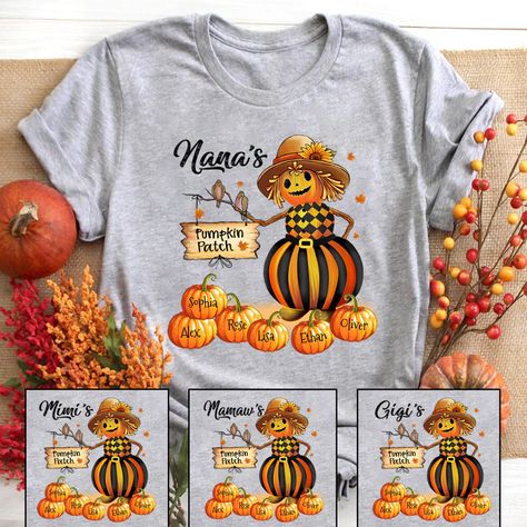 Personalized Nana's Pumpkin Patch With Grandkids Names Pumpkin Straw Scarecrow T-ShirtIf you looking for a personalized t-shirt to show your love to your family, it's will be best choice. Our Classic T-Shirt serves as the perfect short-sleeved shirt for your unique, funny, or personalized designs. Features such as a lay flat collar and a classic unisex cut will make this your new favorite t-shirt. Brand: Gildan Heavy weight fabric Classic unisex makes this an easy fit Size up if you want somethi Turkey Shirts, Patches Shirt, Flat Collar, Grandma Shirts, Pumpkin Shirt, Personalized Clothes, T Shirts With Sayings, Shirt Brand, Scarecrow