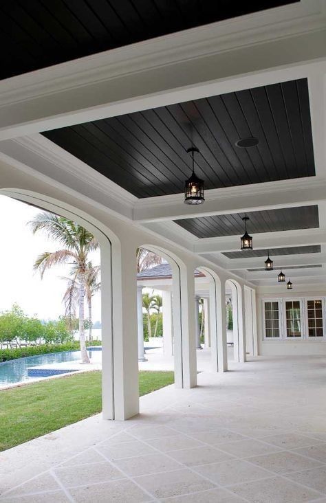 Outdoor Covered Porch, House Lighting Outdoor, Home Designs Exterior, Outdoor Covered Patio, House Front Porch, Porch Ceiling, Casas Coloniales, Black Ceiling, Porch Design