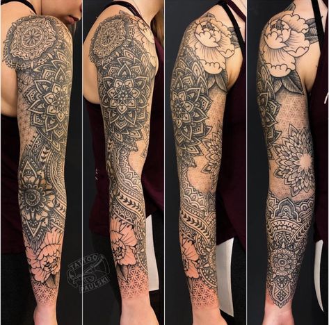 Mandela Fill In Tattoo, Lace Tattoo Filler Ideas, Half Sleeve Filler Tattoos For Women, Full Arm Mandala Tattoo, Feminine Full Sleeve Tattoos, Mandala Filling Patterns Tattoo, Mandala Patchwork Tattoo, Mandala Sleeve Filler, Womens Mandala Sleeve Tattoo