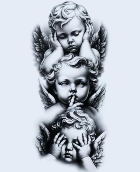 Baby Angels Tatoos, Baby Jesus Tattoo, Hear No Evil See No Evil Tattoo Women, Hear No Evil See No Evil Tattoo Ideas, Mama Mary Tattoo Design, Baby Angel Tattoo Designs, Angel Baby Tattoo, Angel Hand Tattoo, Back Tattoo Women Full