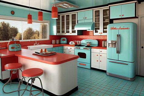 1950s Yellow Kitchen, 1950s Homes Interior, 1950s Style Kitchen, Retro Turquoise Kitchen, 50 Kitchen Retro 1950s, Retro Home Appliances, 50s Decor Interior Design, Fallout Themed Kitchen, Kitchen 50s Style