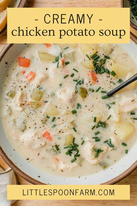 Creamy chicken potato soup is an easy comfort food recipe that is perfect for chilly weather. It has a simple base of carrots, celery, and onions, with tender chicken and potatoes all in a rich creamy broth. This is a quick soup recipe that comes in handy on busy nights! Simple Soups With Chicken Broth, Chicken Potato Chowder Soup, Easy Soup Recipes With Potatoes, Instapot Chicken And Potato Soup, Chicken Soup With Dill, Potatoe Chicken Soup Recipe, Chowder Recipes Potato, Potato Soup Low Sodium, Carrot Chicken Soup