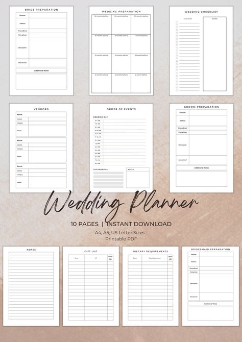 Digital Planner | Digital Wedding Planner | Wedding Planner | Wedding Planner Book | Wedding Timeline | Printable Wedding Planner | Wedding Printables | Printable Wedding | Wedding Program | Wedding Planner Printable | Wedding Diary Printable | Wedding Tracker | The big day is approaching and it can become overwhelming to remember everything and organise it all yourself. Make planning fun and use these handy trackers to get on top of your ideas and make your day as special as it can be.  This bundle includes everything you might need to make things easier. Use the Order of Events to plan your wedding day in detail and help make it run as smoothly as possible. Prior to the wedding, you can prepare using the multiple trackers available and make sure nothing is missed. They can also be useful Wedding Preparation Checklist, Free Wedding Planner Printables, Bride Preparation, Vision Book, Free Wedding Planner, Wedding Diary, Wedding Journal, Wedding Planner Book, Wedding Planner Printables