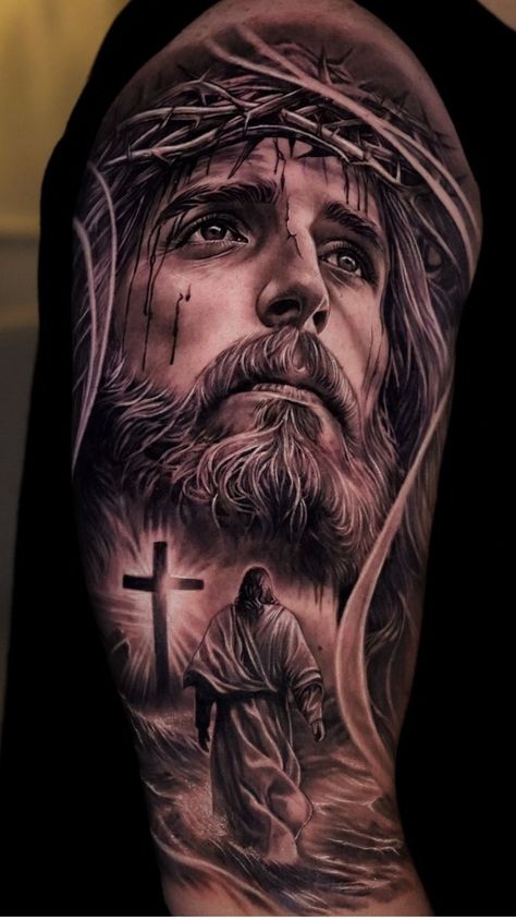 Saint Joseph Tattoo, God Tattoos Men, Jesus Tatoos Ideas, Name On Back Tattoo, Jesus Tattoo Men, Jesus Face Tattoo Design, Jesus Tattoo Design For Men, Catholic Tattoos Sleeve, Watercolor Tattoo Men