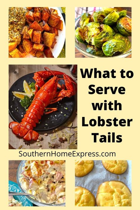 If you're looking for what to serve with lobster tails, here are some delicious side dishes and desserts. All are easy and so satisfying! Lobster Tail Dinner Ideas, Lobster Boil Side Dishes, Sides With Lobster Tail, What Goes With Lobster Tails, Lobster Tail Meals Dinners, Lobster Side Dishes Ideas, Seafood Side Dishes Dinners, Lobster Tail Dishes, Lobster Tail Meal