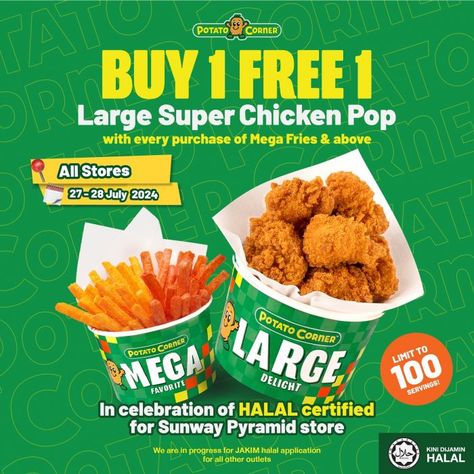 Potato Corner Promotion: Buy 1 FREE 1 Large Super Chicken Pop (27-28 July 2024) Food Promotion Design, Potato Corner, Chicken Pop, Buy 1 Free 1, Pop Ads, Food Promotion, Feed Ig, Social Media Promotion, Banh Mi