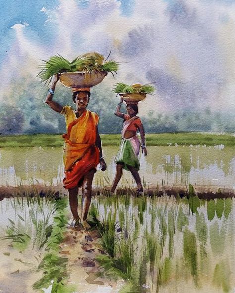 Farmer Painting, Village Scene Drawing, Watercolor Scenery, Composition Painting, Human Figure Sketches, Watercolor Art Landscape, Watercolor Paintings Nature, Painting Competition, Art Village