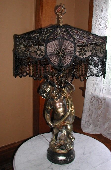 Lampshade = awesome :) Lamp = meh : / Victorian Gothic Chandelier, Victorian Bedroom Decor, Victorian Lamp, Vintage Lampshades, Beaded Lamps, Victorian Lamps, Victorian Lampshades, Panel Fabric, Black Lampshade