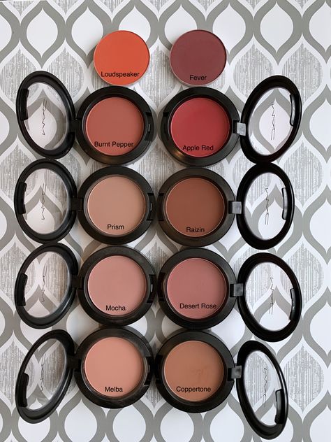 MAC Blush swatches (loudspeaker, fever, burnt pepper, apple red, prism, raizin, mocha, desert rose, melba, coppertone) dark skin Mac Blush Swatches Matte, Blush Swatches On Face, Mac Burnt Pepper Blush, Mac Blush Swatches, Mac Blushbaby, Mac Makeup Products, Mac Contour, Mac Swatches, Mac Powder Blush