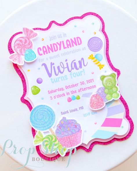 Party Time: Kid's Birthday Party Invite Candyland Invitations, Baby Handprint Crafts, Candy Theme Birthday Party, Candy Land Birthday Party, First Birthday Posters, Custom Birthday Banners, Candy Birthday, Handmade Invitations, Candyland Birthday