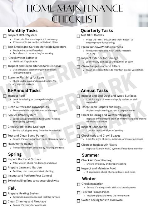 This ultimate home maintenance checklist is key to helping you keep your new home in tip top shape. Print your Home Maintenance Checklist so you don't miss any important checks through out the year. Great resource for new home owners. This print at home maintenance Checklist comes in A4 .pdf  Please note that these .pdf files are not editable. Home Owner Maintenance Checklist, Home Checklist Maintenance, New Home To Do List, House Manager Checklist, House Maintenance List, Annual Home Maintenance Checklist, Yearly House Maintenance Checklist, House Maintenance Schedule, New Home Owner Checklist