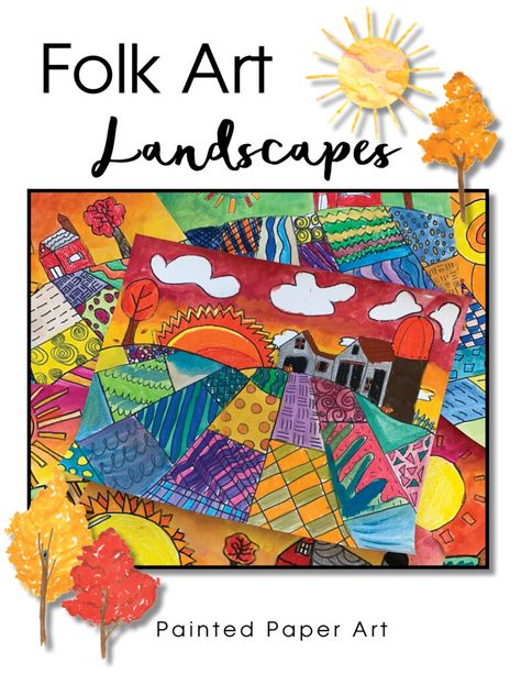 Folk Art Elementary Lessons, 2nd Grade Landscape Art Lesson, Farm Landscape Art, Folk Art Mountains, Fall Elementary Art Lessons, Fall Art Second Grade, Farm Art Projects, Landscape Art Projects, Fall Art Lessons