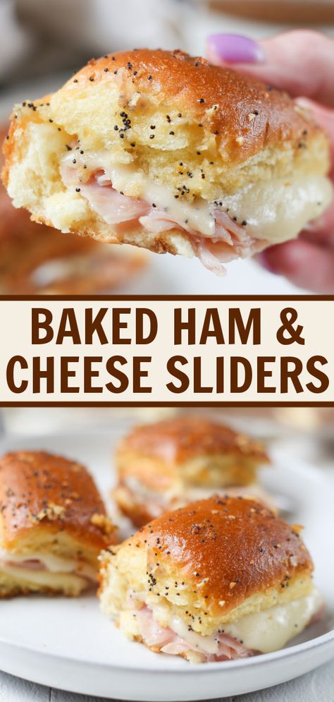 Baked Ham and Cheese Sliders are the perfect party snack or easy weeknight dinner! Hawaiian rolls baked with Swiss cheese and ham inside and brushed with a delicious honey glaze. Hawaiian Roll Sliders Honey Glaze, Hawaiian Roll Sliders Sandwiches, Ham And Cheese Sliders No Mayo, Make Ahead Sliders Hawaiian Rolls, Garlic Ham And Cheese Sliders, Ham Turkey And Cheese Sliders On Hawaiian Rolls, Mini Ham Sliders, Mini Ham And Cheese Sliders, Hawaiian Roll Recipes Dinners