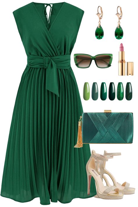 Wedding guest dress, green sunglasses, green clutch, Olive Green Wedding Guest Outfit, Green And Gold Outfit Ideas, Green Wedding Guest Dresses, Olive Green Wedding, Summer Wedding Guest Outfit, Clothing Quotes, Dress And Accessories, Styles Clothing, Summer Wedding Guests