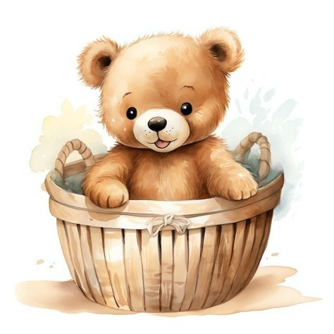 Basket Illustration, Theme Bapteme, Teddy Bear Cartoon, Teddy Bear Clipart, Bear Clipart, Baby Illustration, Baby Frame, Bear Theme, Graphic Illustrations