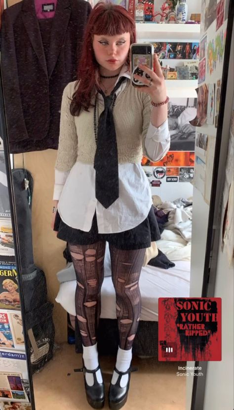 Alt Button Up Shirt Outfit, First Day Of School Outfit Alt, Ripped Tights Outfit, Miku Concert, Midsize Fits, Fishnets Outfit, Fashion Dreamer, Zombie Clothes, Ripped Tights