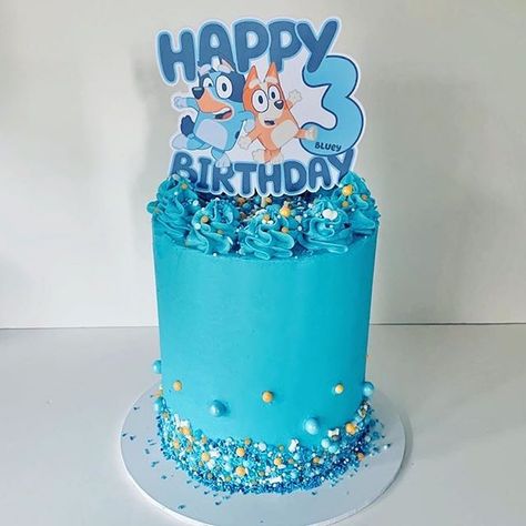 @happytiersbychantelle Doo doo doo doo doo doo doo doo..... BLUEY!  Rainbow vanilla layers inside with vanilla buttercream. Wait for the surprise when this special 3 year old cuts into her cake and rainbow lollies spill out 🌈  Cutest cake topper by @sugarboocaketoppers and sprinkles from @fairy_dust_sprinkles  #cake #buttercream #happytiers #homebaker #loverofcake #bakerslife #yum #cakesofinstagram #fortheloveofcake #blueycake Bluey Cake Buttercream, Twin Cakes, Bluey Cake Topper, Kids Cake Toppers, Sprinkles Cake, Twins Cake, Bluey Party, 4th Birthday Cakes, Cake Buttercream