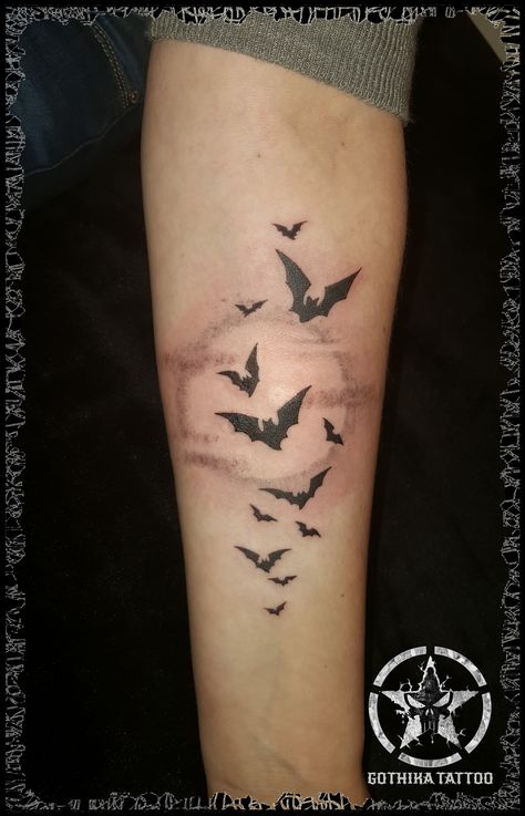 FLYING BATS TATTOO Bat Tattoo With Moon, Bat And Rose Tattoo, Moon Bats Tattoo, Bat Flying Tattoo, Bat Filler Tattoo, 3 Bats Tattoo, Bat Moon Tattoo, Moon With Bats Tattoo, Moon And Bats Tattoo