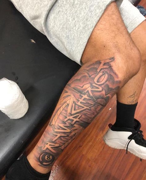 Fear God Leg Tattoo, Chosen 1 Tattoo Men, Black Men Leg Tattoos, Leg Tattoo Men Sleeve, Calf Sleeve Tattoo Men, Leg Tats Men, Tattoo Ideas For Black Men, Calf Sleeve Tattoo, Arm Tattoos Lettering