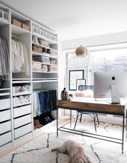 Closet And Office Combo, Home Office Closet, Ikea Closet, Small Workspace, Walk In Closet Design, Closet Office, Closet Layout, Wardrobe Room, Closet Room