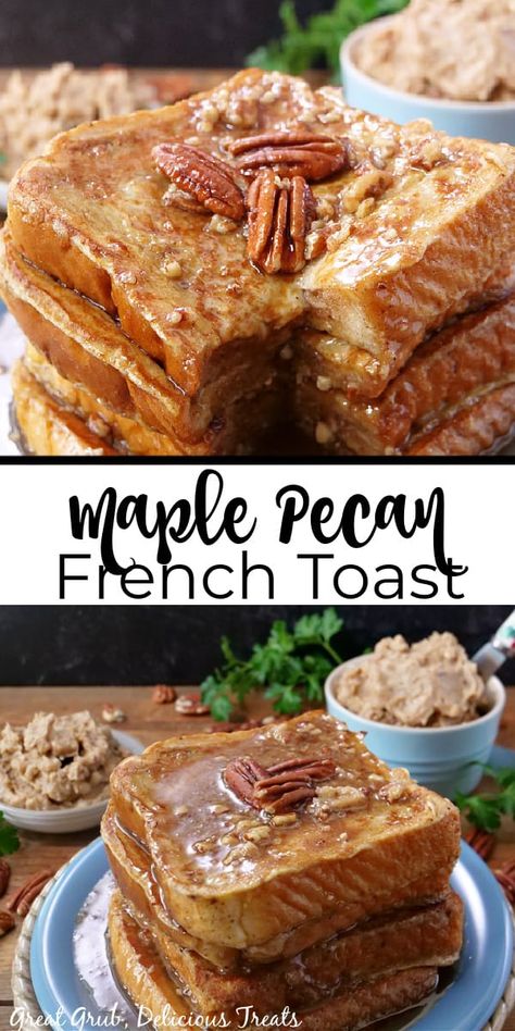 Maple Pecan French Toast is a delicious twist on the classic breakfast favorite that is loaded with pecans and maple. Maple Breakfast Recipes, Pecan Dinner Recipes, Caramel Pecan French Toast, Maple Pecan French Toast, French Toast Flavors, Loaded French Toast, Flavored French Toast, Croissant Bread French Toast, French Toast Dinner