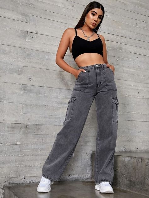 High Waist Flap Pocket Wide Leg Jeans | SHEIN USA Gray High Waist Cargo Jeans For Streetwear, Gray Wide Leg Jeans Outfit, Grey Wide Leg Jeans Outfit, Gray High Waist Cargo Jeans With Pockets, Gray Wide Leg Utility Cargo Jeans, Gray Wide Leg Cargo Jeans, Gray Wide-leg Cargo Pants With Pockets, Cargo Pants Style, Grey Cargo Pants