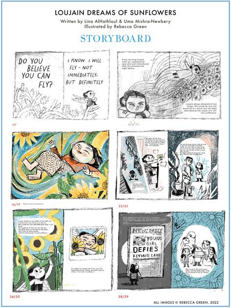 LOUJAIN DREAMS OF SUNFLOWERS | Picture Book Process — Rebecca Green Illustration Children's Book Layout, Rebecca Green, رسم كاريكاتير, Book Illustration Layout, Book Illustration Design, Dummies Book, Green Illustration, Storyboard Illustration, Story Books Illustrations