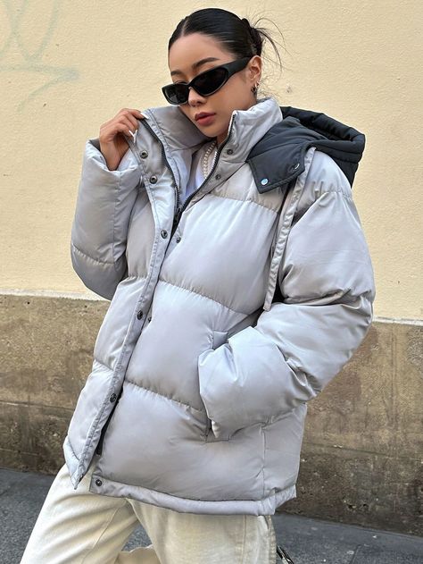 Light Grey Casual Collar Long Sleeve Woven Fabric Colorblock Puffer Embellished Non-Stretch  Women Clothing Manche, Tela, Sports Performance, Coat Pocket, Sport Performance, Winter Coats Women, Down Coat, Puffer Coat, Snap Button