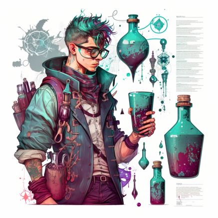 Nerd Glasses Alchemist: Vibrant Punk Music Festival Hipster Outfit Illustration Human Alchemist Dnd, Fairy Alchemist, Alchemist Outfit Design, Punk Male Character Design, Alchemist Clothes, Alchemist Rpg, Queer Witchcraft, Librarian Character Design, Alchemist Illustration