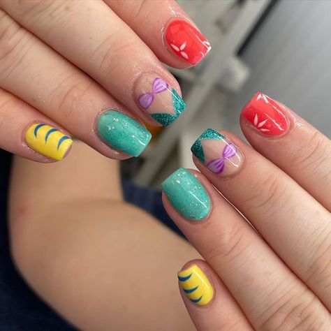 Summer Nails Disney, Disney Square Nails, Disney Nails Diy, Disney Up Nail Designs, Disney Themed Gel Nails, Disney Nails Characters, Disneyworld Nails Ideas, Disney Mermaid Nails, Disney Nails Acrylic Short