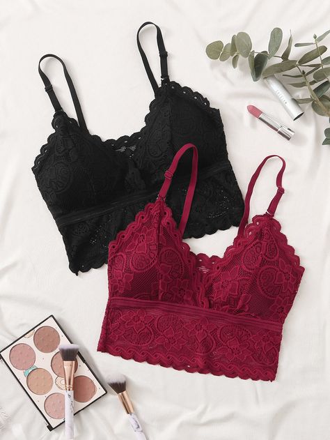 2pack Scallop Floral Lace Bra Set Tommy Hilfiger Crop Top, Blusas Crop Top, Stylish Bra, Lace Bra Top, Pretty Bras, Lace Bra Set, Cute Bras, Bra Women, Bra Set