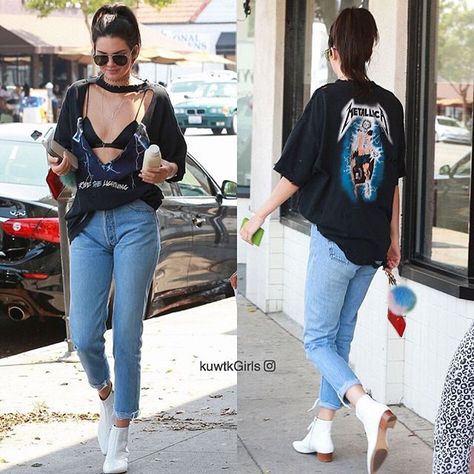 @kendalljenner Metallica T Shirt Outfit, Metallica Shirt Outfit, Ankle Boots Outfit Summer, White Ankle Boots Outfit, Summer Boots Outfit, White Boots Outfit, Outfit Grunge, Boots Outfit Ankle, Metallica T Shirt