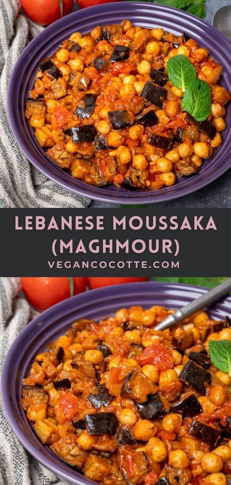 Vegan Aubergine Recipes, Lebanese Aubergine Recipe, Continental Veg Main Course, Lebanese Chickpea Recipes, Mid Eastern Food, Lebanese Vegetable Recipes, Vegan Lebanese Food, Middle East Recipes Vegetarian, Labenese Recipes