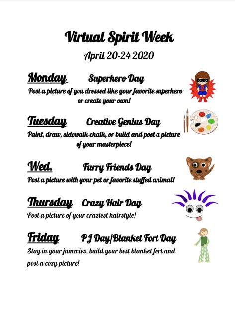 Ideas for a stay at home spirit week for school! Spirit Week For Workplace, Spirit Week Ideas For Adults, Nursing Home Spirit Week Ideas, Homeschool Spirit Week Ideas, October Spirit Week Ideas Preschool, Spirit Week Preschool, March Spirit Week Ideas, Spirit Week Ideas Preschool, Preschool Spirit Week