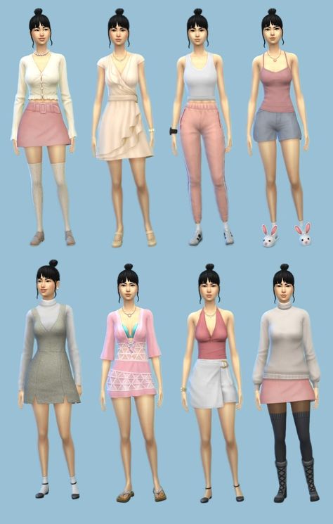 Sims 4 cute outfit inspiration in pastel tones 💚 my ID is Yuna_licht. #ts4 #sims4 #sims4outfits #ts4outfits #sims #sims4outfitinspiration Sims 4 Pink Outfits No Cc, Sims Looks Ideas, Sims 4 Outfit Inspo No Cc, Sims Basegame Outfits, Cute Sims 4 Characters No Cc, Sims 4 Cas Outfits No Cc, Sims 4 Base Game Outfits Ideas Y2k, Cute Sims Outfits No Cc, Sims 4 No Cc Outfits Ideas